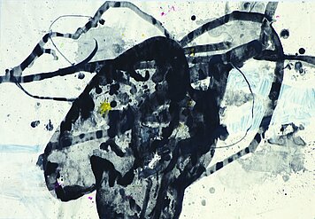 Abbildungen der Reihe nach Peter Riek "Milch ist nicht böse“, 40x30 cm, 2023, Ölpastell auf Papier Johanna Helbling Felix „Gezeiten“, 30x40 cm, Bleistift auf Papier, 2015 Karl Vollmer, „Kopfbedeckung, afrikanisch“, 2016, Mischtechnik auf Papier, 61 x 88 cm