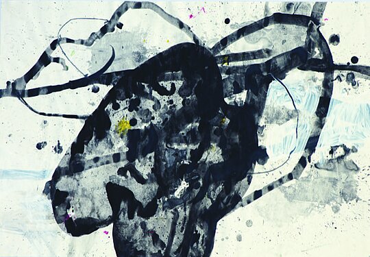 Abbildungen der Reihe nach      Peter Riek "Milch ist nicht böse“, 40x30 cm, 2023, Ölpastell auf Papier     Johanna Helbling Felix „Gezeiten“,  30x40 cm, Bleistift auf Papier, 2015     Karl Vollmer, „Kopfbedeckung, afrikanisch“, 2016, Mischtechnik auf Papier, 61 x 88 cm