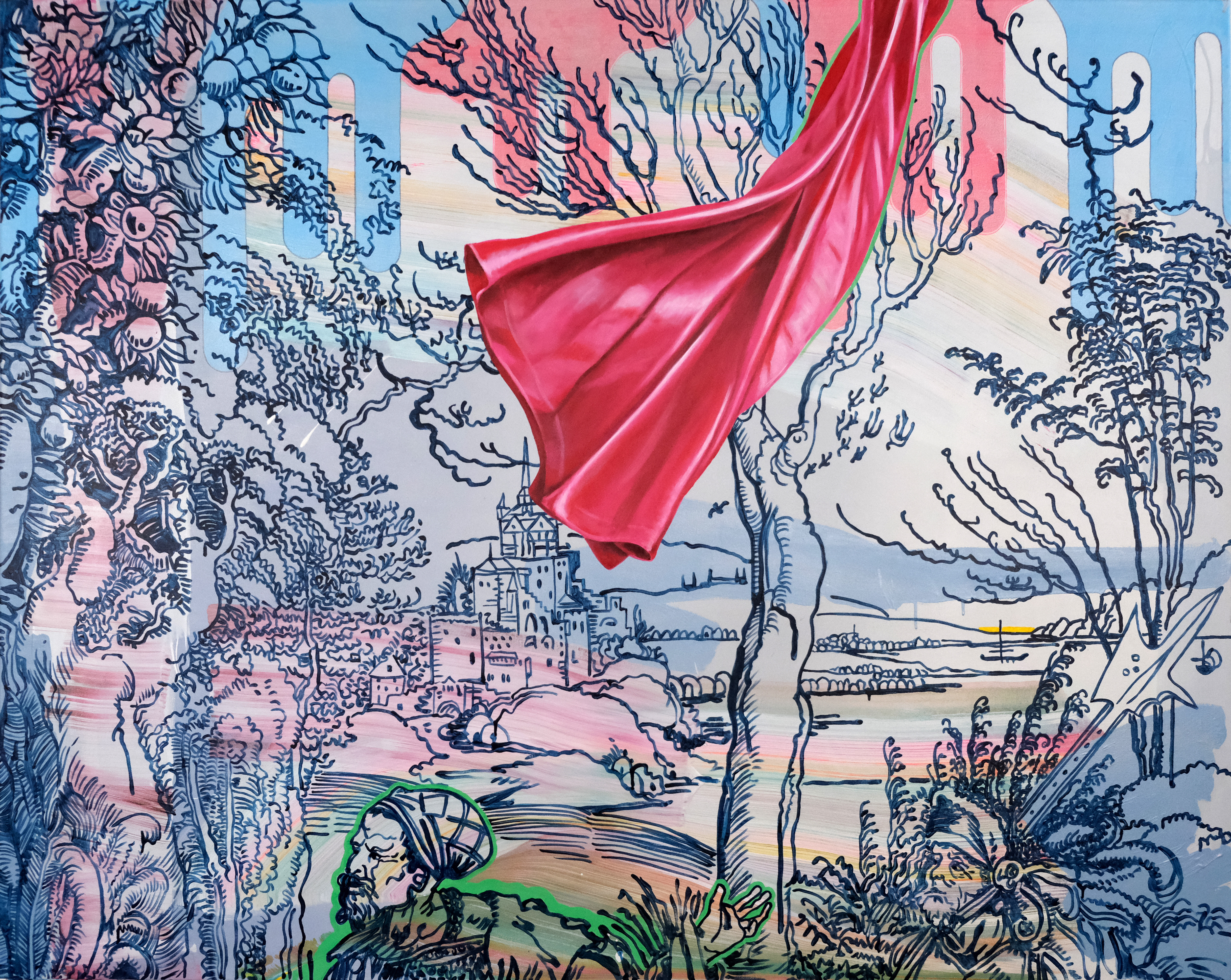 Abb. Martin Praska, 2022, Ein Schloss am Wörthersee, Öl und Acryl auf Leinwand, 160 x 200 cm